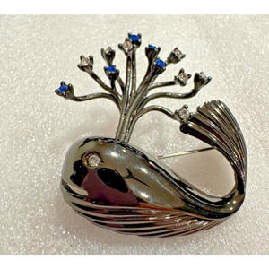 Vtg Erwin Pearl Black Whale Brooch Pin Clear Blue Rhinestone Spray Gun Metal